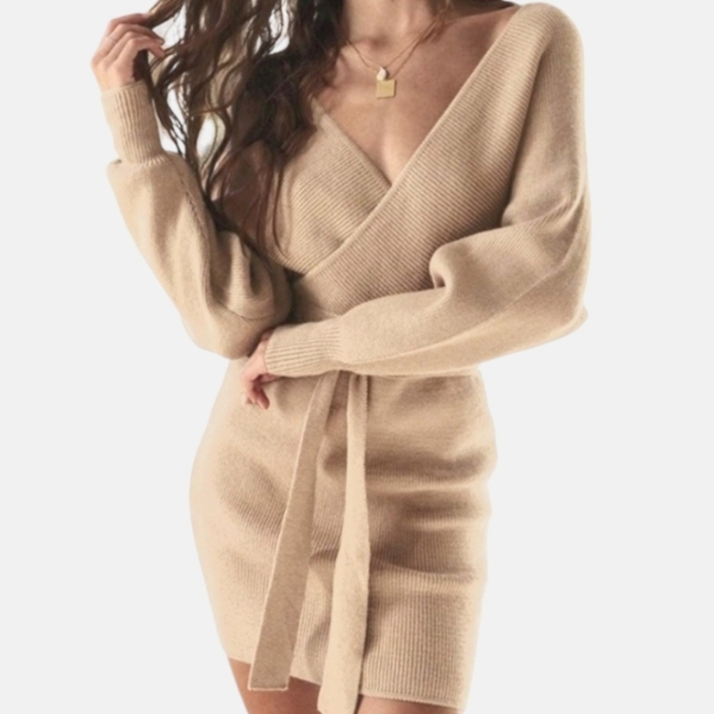 Papaya Tan Wrap Knit Sweater Dress